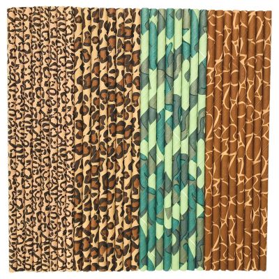 100 pcs Mixed Themed Party Paper Straws, Jungle Safari Camo Green Camouflage Brown Giraffe Cheetah Leopard Animal Print Picnic BBQ Drinking Straws, Cute Forest Cake Pop Sticks (Gone Hunting)