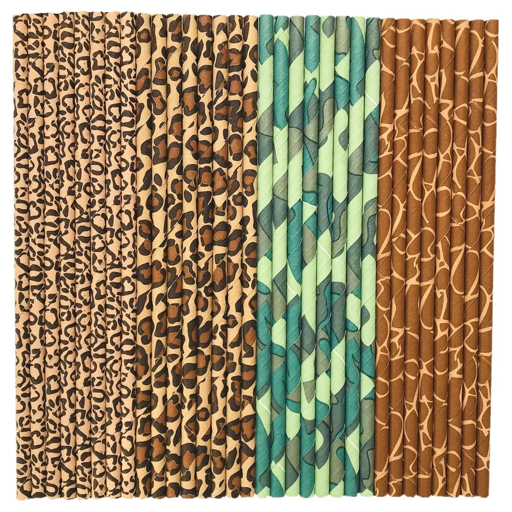 100 pcs Mixed Themed Party Paper Straws, Jungle Safari Camo Green Camouflage Brown Giraffe Cheetah Leopard Animal Print Picnic BBQ Drinking Straws, Cute Forest Cake Pop Sticks (Gone Hunting)
