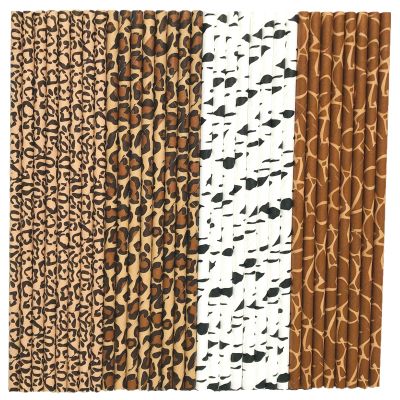 100 pcs Mixed Theme Party Paper Straws, Jungle Zoo Animal Print Brown Giraffe Picnic Leopard Cheetah Zebra Picnic BBQ Bar Drinking Straws, Cute Birthday Wedding Cake Pop Sticks (Wild Safari)