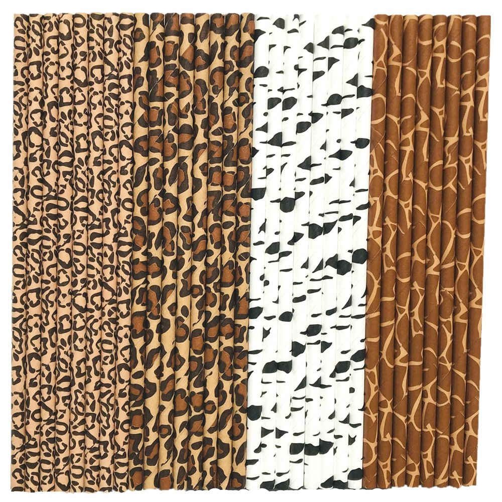 100 pcs Mixed Theme Party Paper Straws, Jungle Zoo Animal Print Brown Giraffe Picnic Leopard Cheetah Zebra Picnic BBQ Bar Drinking Straws, Cute Birthday Wedding Cake Pop Sticks (Wild Safari)