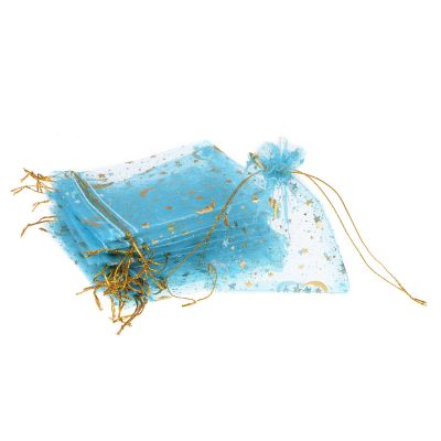 PATIKIL Moon Star Printed Organza Bags, 50 Pcs 4.72x3.5 Inch Drawstring Mini Pouches Favor Gift Candy Jewelry Bags for Christmas Thanksgiving Festival Party Wedding, Sky Blue
