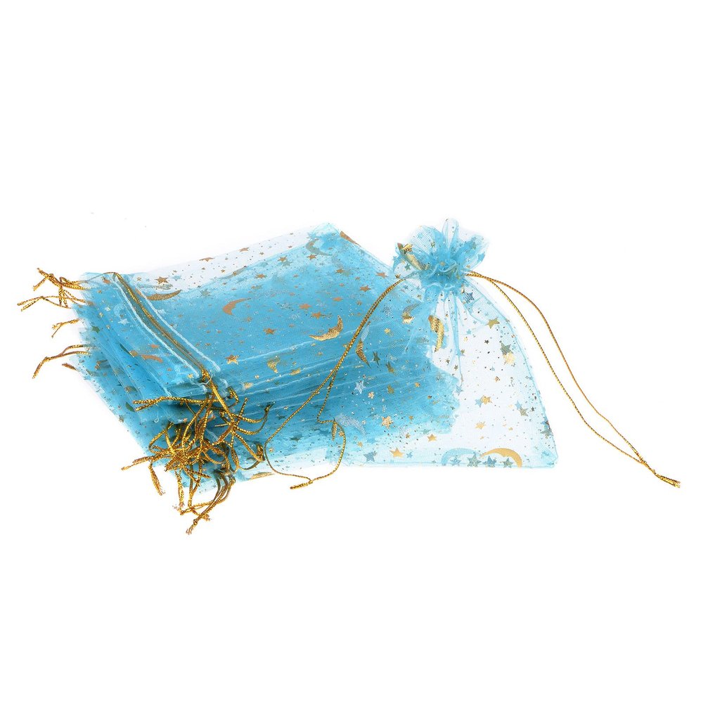 PATIKIL Moon Star Printed Organza Bags, 50 Pcs 4.72x3.5 Inch Drawstring Mini Pouches Favor Gift Candy Jewelry Bags for Christmas Thanksgiving Festival Party Wedding, Sky Blue