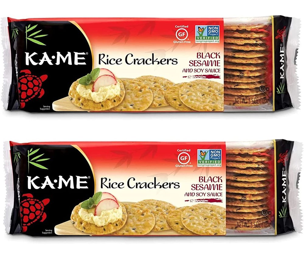 KA-ME Black Sesame and Soy Sauce Rice Crackers 3.5 oz, Authentic Asian Ingredients, Certified Gluten-Free, No Artificial Flavors/Colors, Non GMO - (2 Pack)