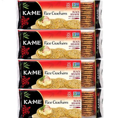 KA-ME Black Sesame and Soy Sauce Rice Crackers 3.5 oz, Authentic Asian Ingredients, Certified Gluten-Free, No Artificial Flavors/Colors, Non GMO - (4 Pack)