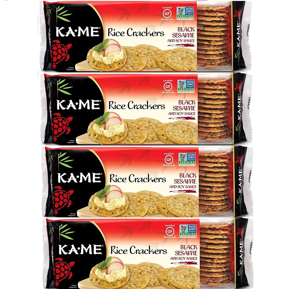 KA-ME Black Sesame and Soy Sauce Rice Crackers 3.5 oz, Authentic Asian Ingredients, Certified Gluten-Free, No Artificial Flavors/Colors, Non GMO - (4 Pack)