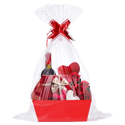 6Set Valentine's Day Baskets for Gifts Empty - Sturdy Kraft Gift Basket Kit, with Cellophane Wrap and Pull Bows for Anniversary Wedding Holiday Celebration Gift Wrapping, Red