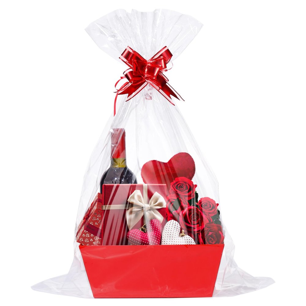 6Set Valentine's Day Baskets for Gifts Empty - Sturdy Kraft Gift Basket Kit, with Cellophane Wrap and Pull Bows for Anniversary Wedding Holiday Celebration Gift Wrapping, Red