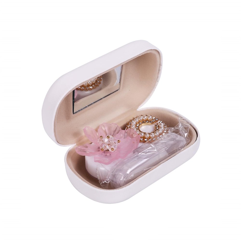 RURAUOGR Cute Contact Lens Case, Flower Design Pearl Inlay Glasses Case Travel Kit (White)