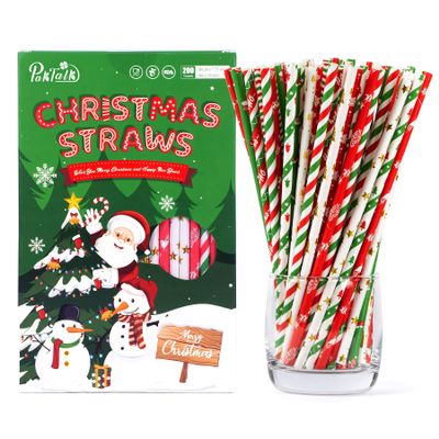 PakTalk Christmas Paper Straws, 10 Styles 200 Pack Red Green Gold Christmas Straws Tree Snowflake Decoration Drinking Straws for Christmas, New Year, Holiday, Party (0.24" x 7.75", 200 Pack)