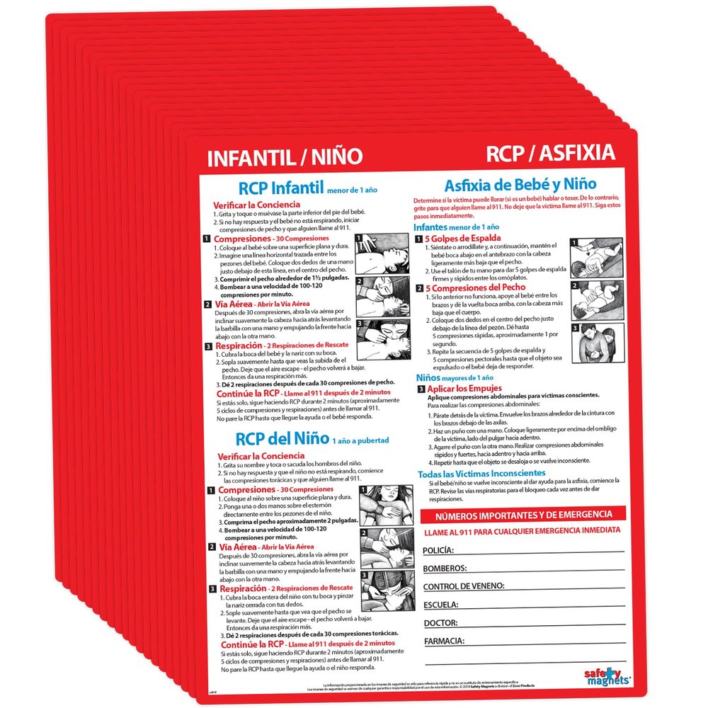20 PACK: Infant and Child CPR/Choking First Aid in SPANISH - Laminated Card with Magnets - 8.5 x 11 in.