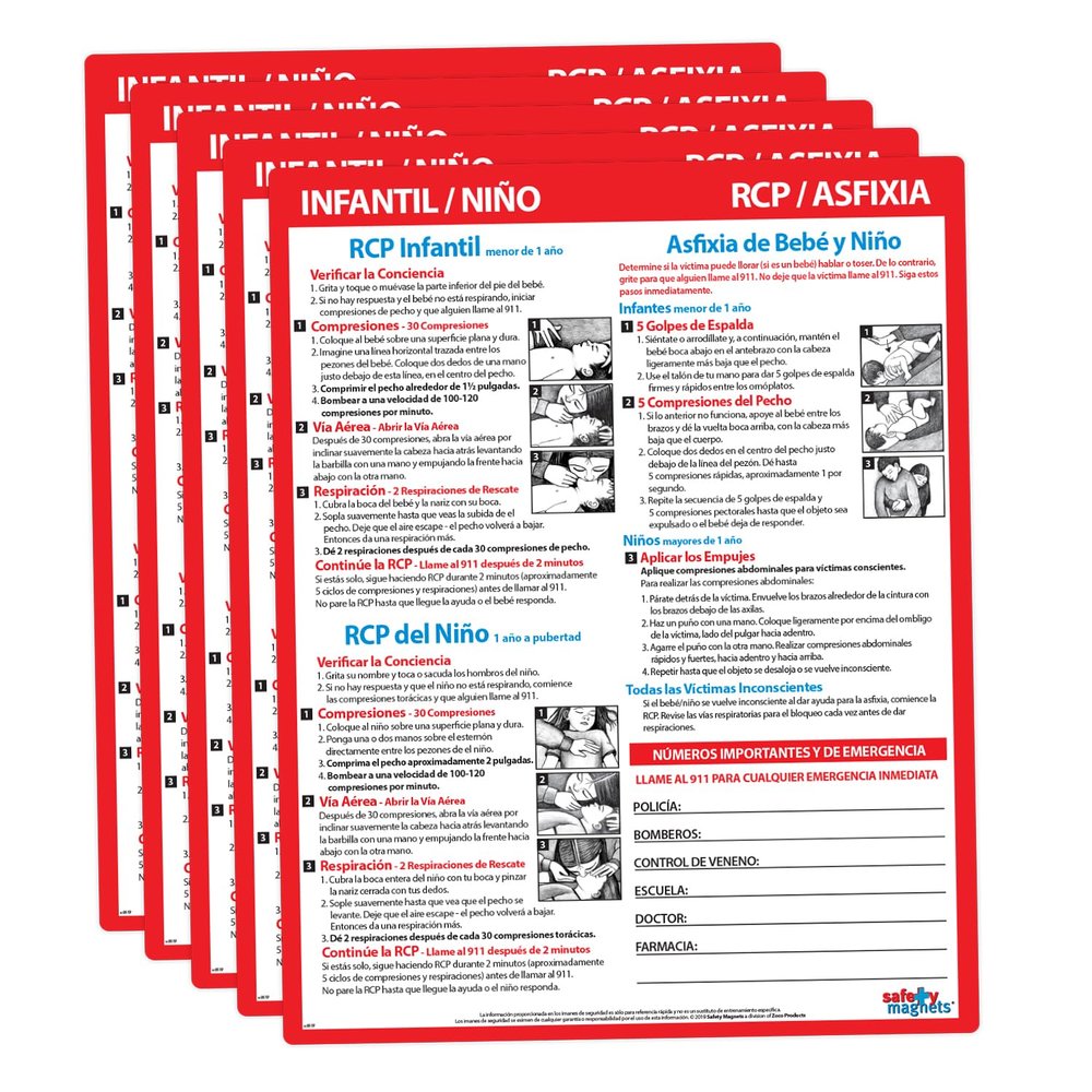 5 PACK: Infant and Child CPR/Choking First Aid in SPANISH - Laminated Card with Magnets - 8.5 x 11 in.