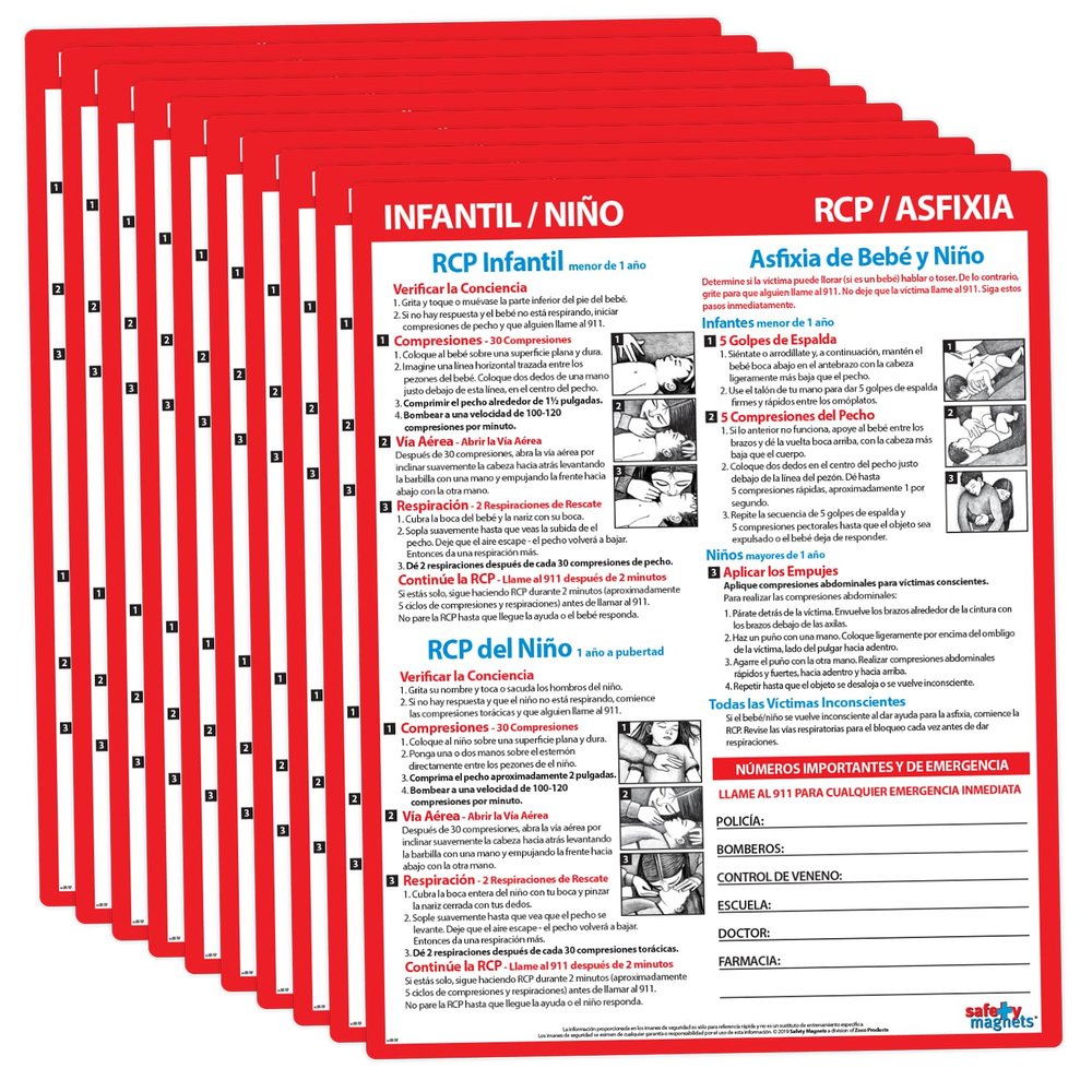 10 PACK: Infant and Child CPR/Choking First Aid in SPANISH - Laminated Card with Magnets - 8.5 x 11 in.