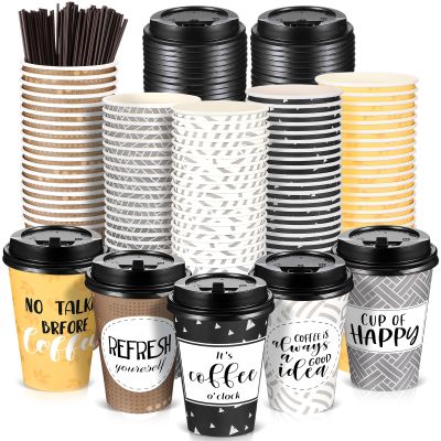 Gerrii 100 Pack Disposable Coffee Cups with Lids and Straws, Motivational Paper Cups with 6 Quotes and Designs Disposable Hot Cups for Water, Juice, Coffee, Tea, Home, Shop Cafe(Stylish Style, 16 oz)