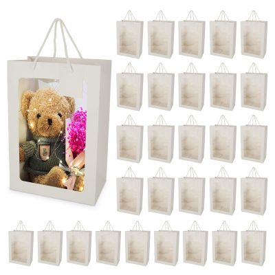 30 Pack White Gift Bag with Clear Window, 13.4 x 9.4 x 5.5 Inch Clear Bouquet Gift Bags with Handle, Empty Paper Tote Flower Shopping Bags for Wedding, Valentines, Bridal Shower, Festivals Party
