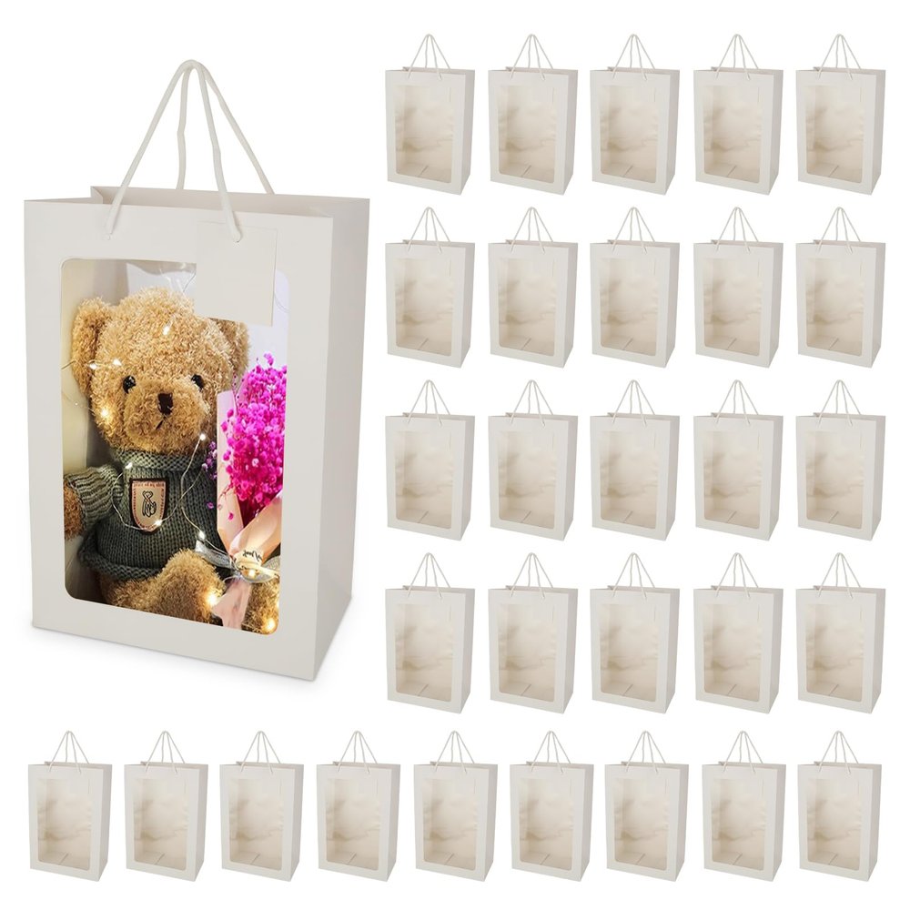 30 Pack White Gift Bag with Clear Window, 13.4 x 9.4 x 5.5 Inch Clear Bouquet Gift Bags with Handle, Empty Paper Tote Flower Shopping Bags for Wedding, Valentines, Bridal Shower, Festivals Party
