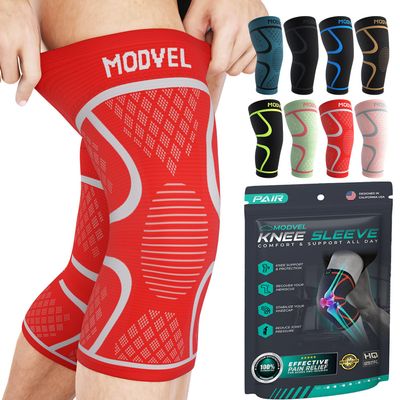 Modvel Knee Braces for Knee Pain Women & Men - 2 Pack Knee Brace for Knee Pain Set, Knee Brace Compression Sleeve, Knee Support for Knee Pain Meniscus Tear, ACL & Arthritis Pain Relief,Orange S