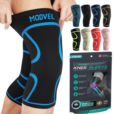 Modvel Knee Braces for Women & Men 2 Pack Brace Set, Compression Sleeves for Meniscus Tear, ACL & Arthritis Pain Relief, Joint Support and Stability Blue XS