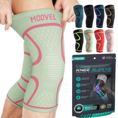 Modvel Knee Braces for Knee Pain Women & Men - 2 Pack Knee Brace for Knee Pain Set, Knee Brace Compression Sleeve, Knee Support for Knee Pain Meniscus Tear, ACL & Arthritis Pain Relief,Cream/Pink XL