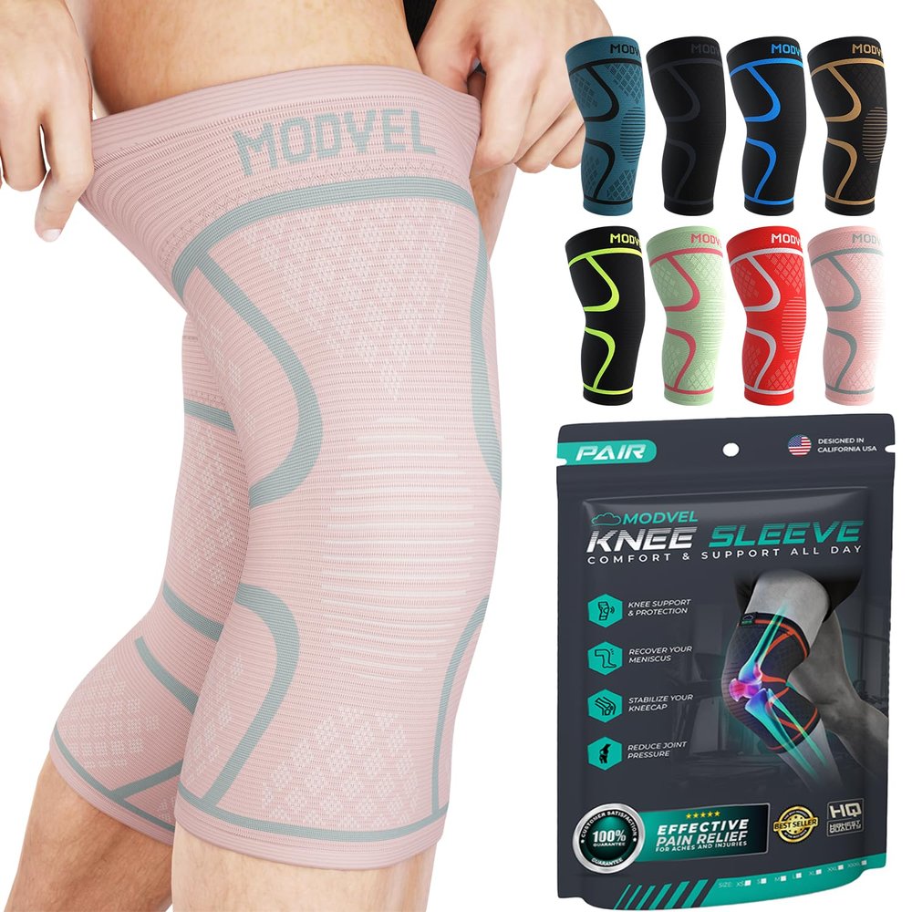 Modvel Knee Braces for Knee Pain Women & Men - 2 Pack Knee Brace for Knee Pain Set, Knee Brace Compression Sleeve, Knee Support for Knee Pain Meniscus Tear, ACL & Arthritis Pain Relief,Pink XXL