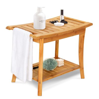 Shower Bench Stool for Inside Shower: Gnomiya 2-Tier Bamboo Shower Seat with Storage Shelf for Shaving Legs, Wood Shower Chair with Handle for Seniors Adults Disabled Women