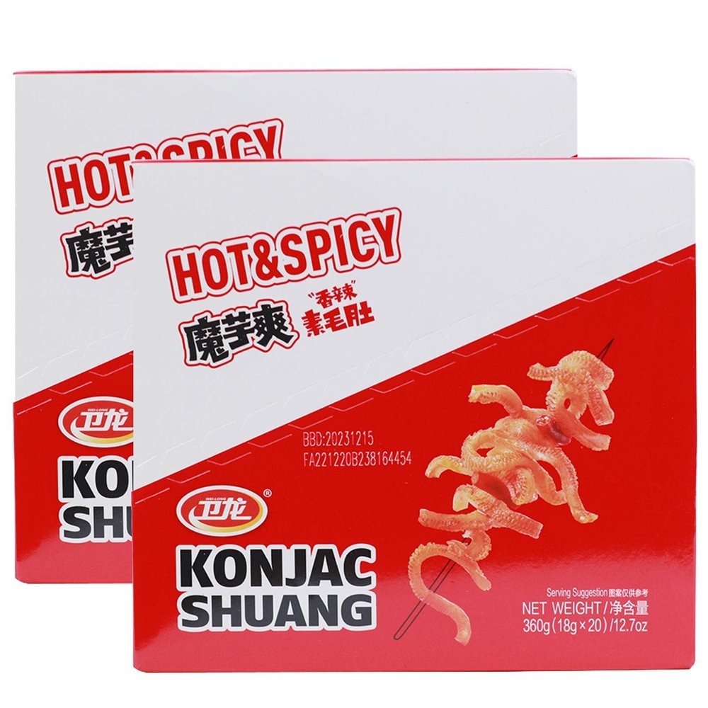 WeiLong Konjac Snack, Spicy Hot Strips, Spicy Snacks Latiao La tiao, Chinese Snacks Moyushuang, Spicy Flavor, (), 18g*20 Bags, Pack of 2