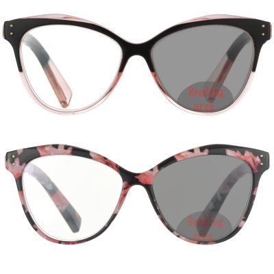 mincl Transition Photochromic Bifocal Reading Glasses Women Cat Sunglasses Readers Fashion 2 Pack Anti Eyestrain & Headache (2pcs-pink&flower, 3, multiplier_x)