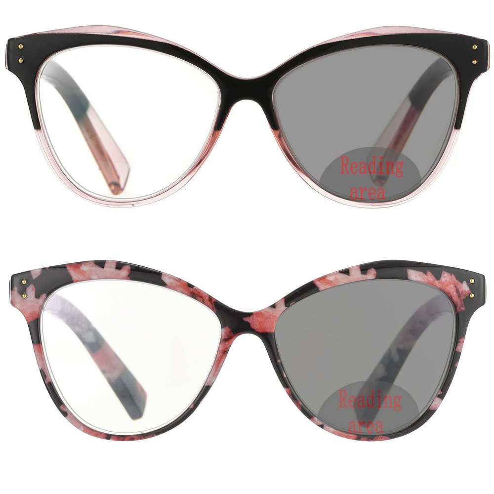 mincl Transition Photochromic Bifocal Reading Glasses Women Cat Sunglasses Readers Fashion 2 Pack Anti Eyestrain & Headache (2pcs-pink&flower, 3, multiplier_x)