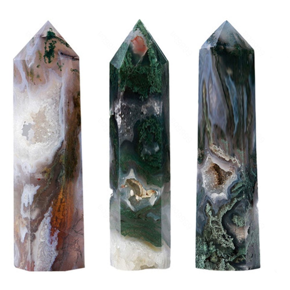 DECORN 3pcs Green Moss Agate Crystal Healing Crystals Wands Hexagonal Crystal Tower Natural Aquatic Agate Single Point Crystal Wand 6 Faceted Chakra Stones Prism Home Decor,50-60mm