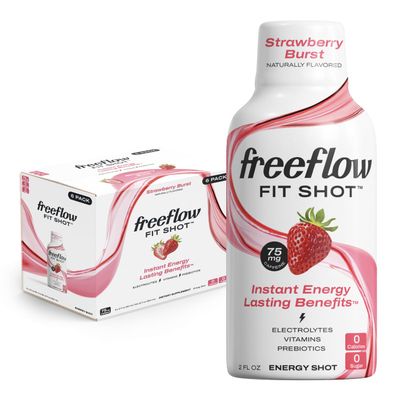 Freeflow Fit Energy Shots, Strawberry Burst, Natural Caffeine Boost with L-theanine, Ginseng, Vitamins, Prebiotics, Electrolytes (6 Count, 2oz Shots)