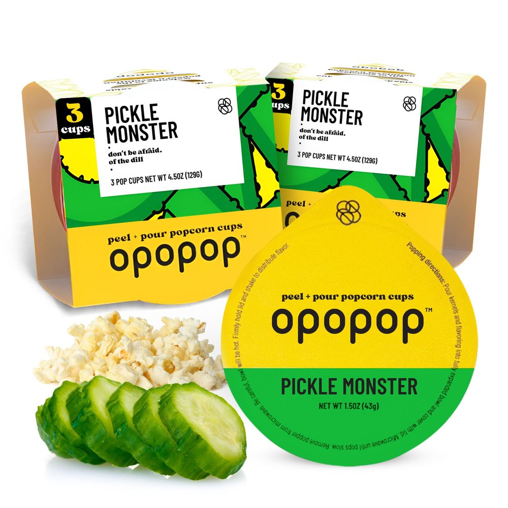 Opopop Microwave Popcorn - Pop Cups Pickle Monster 6-Pack, Non-GMO Gourmet Popcorn Kernels & Popcorn Flavoring, Gluten Free Snacks, Easy to Make and No Mess