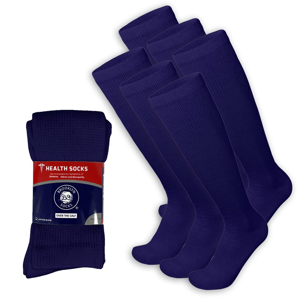 6 Pairs of Diabetic Over The Calf - Knee High Cotton Socks (Navy - 6 Pairs, Fit Men's Shoe Size 12-15)