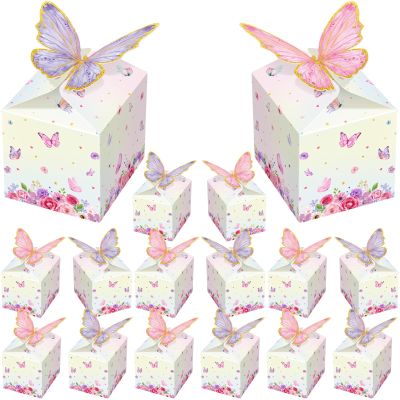 Qilery 24 Pcs Butterfly Party Favor Treat Boxes Pink and Purple Floral Goodie Gable Candy Box Gift Boxes Paper Butterfly Decorations for Birthday Party Supplies Chocolate Present Wedding Baby Shower