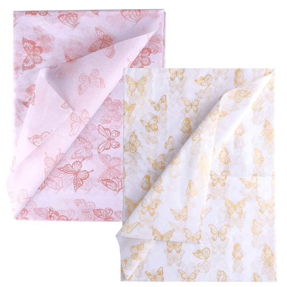 30Pcs Butterfly Tissue Paper Sheets, 14x20inch Gold & Rose Gold Wrapping Tissue Paper Sheets for Packaging for Christmas Wedding Birthday Party Baby Showers DIY Crafts Arts (White Background)