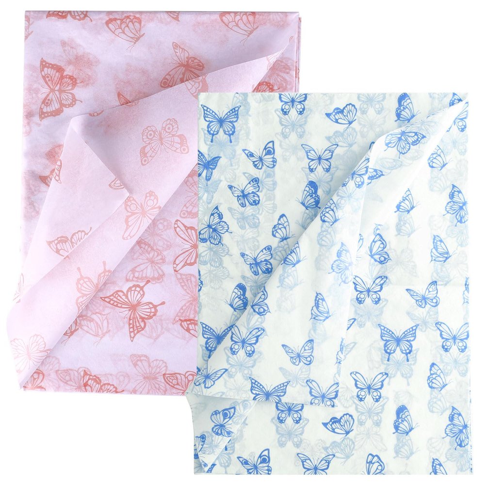 30Pcs Butterfly Tissue Paper Sheets, 14x20inch Rose Gold & Blue Wrapping Tissue Paper Sheets for Packaging for Christmas Wedding Birthday Party Baby Showers DIY Crafts Arts (White Background)