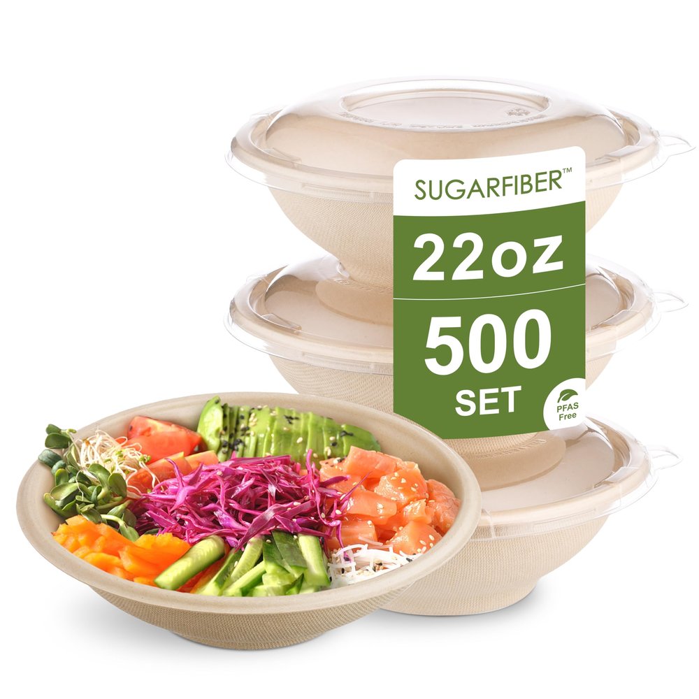 [500 SET]Sugarfiber by Harvest Pack 22oz Round PFAS Free Compostable Bowls with PLA coating with PET Lid -Heavy-Duty Eco-Friendly Disposable Bagasse Sugarcane Bowl for Meal Prep