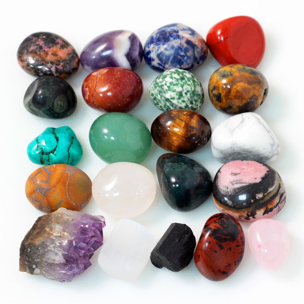 0.7Lb Natural Polished Gemstones and Rocks (25+PCs), Amethyst Cluster, Selenite & Tourmaline Included, Bulk Tumbled Crystals and Stone (0.6-1.2 320g)