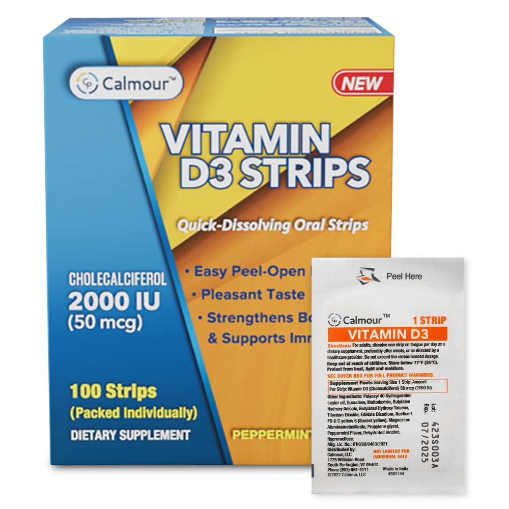 CALMOUR Vitamin D3 Strips 100 Pack| 2000 IU Oral Dissolvable D3 Vitamin Strips | Peppermint Flavor Melts on Your Tongue in 30 Seconds | Boost Immunity & Enhance Mental Focus with Vitamin D3 2000