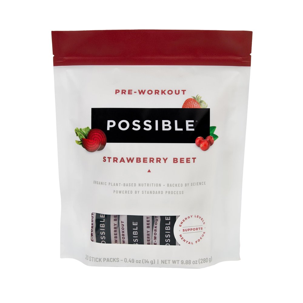 Possible Pre-Workout Powder - Drink Mix Aids Endurance & Focus - Energy Levels & Stamina Support with Green Tea Extract & Vitamin C - Non-Dairy & Organic - Strawberry Beet, 20 Count (Pack of 1)