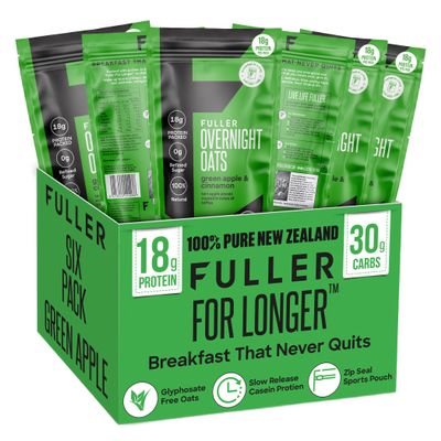 Delicious Apple Cinnamon High Protein Overnight Oats - Nutritionist Designed FULLER For Longer With Low Sugar, High Fiber & Premium Slow Release Casein - Ziplock Portable - Glyphosate Free Oatmeal