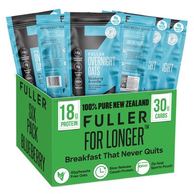 Delicious Blueberry Vanilla High Protein Overnight Oats - Nutritionist Designed FULLER For Longer With Low Sugar, High Fiber & Premium Slow Release Casein - Ziplock Portable - Glyphosate Free Oatmeal