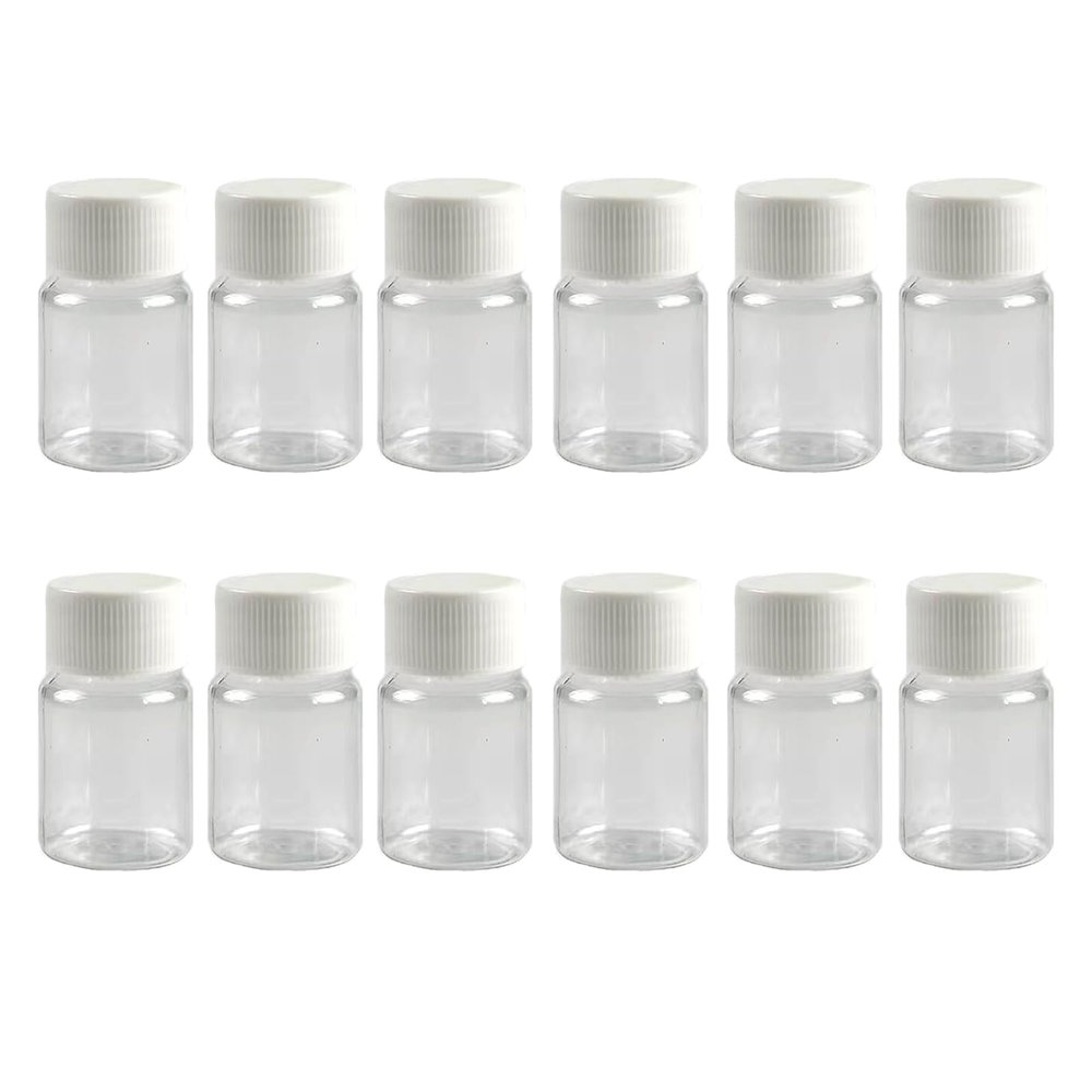 12PCS 15ML 0.5OZ Transparent Empty Pill Bottles with White Screw Cap Solid Powder Holder Storage Box Refillable Portable Durable Container Jar Pot for Travel Daily Life