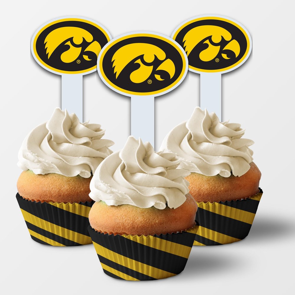 University of Iowa Cupcake Toppers Set of 25, Officially Licensed Iowa Hawkeyes, Solid Plastic (Oval Tigerhawk)
