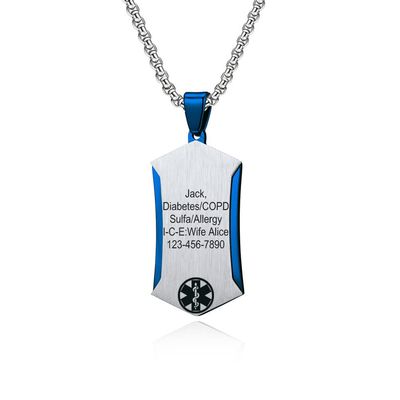 MZZJ Personalized Medical Alert ID Emergency Jewelry Military Silver Blue Stainless Steel Hexagon Dog Tag Pendant Necklaces for Men Women,First Aid Health Monitoring Emergency ID Necklace