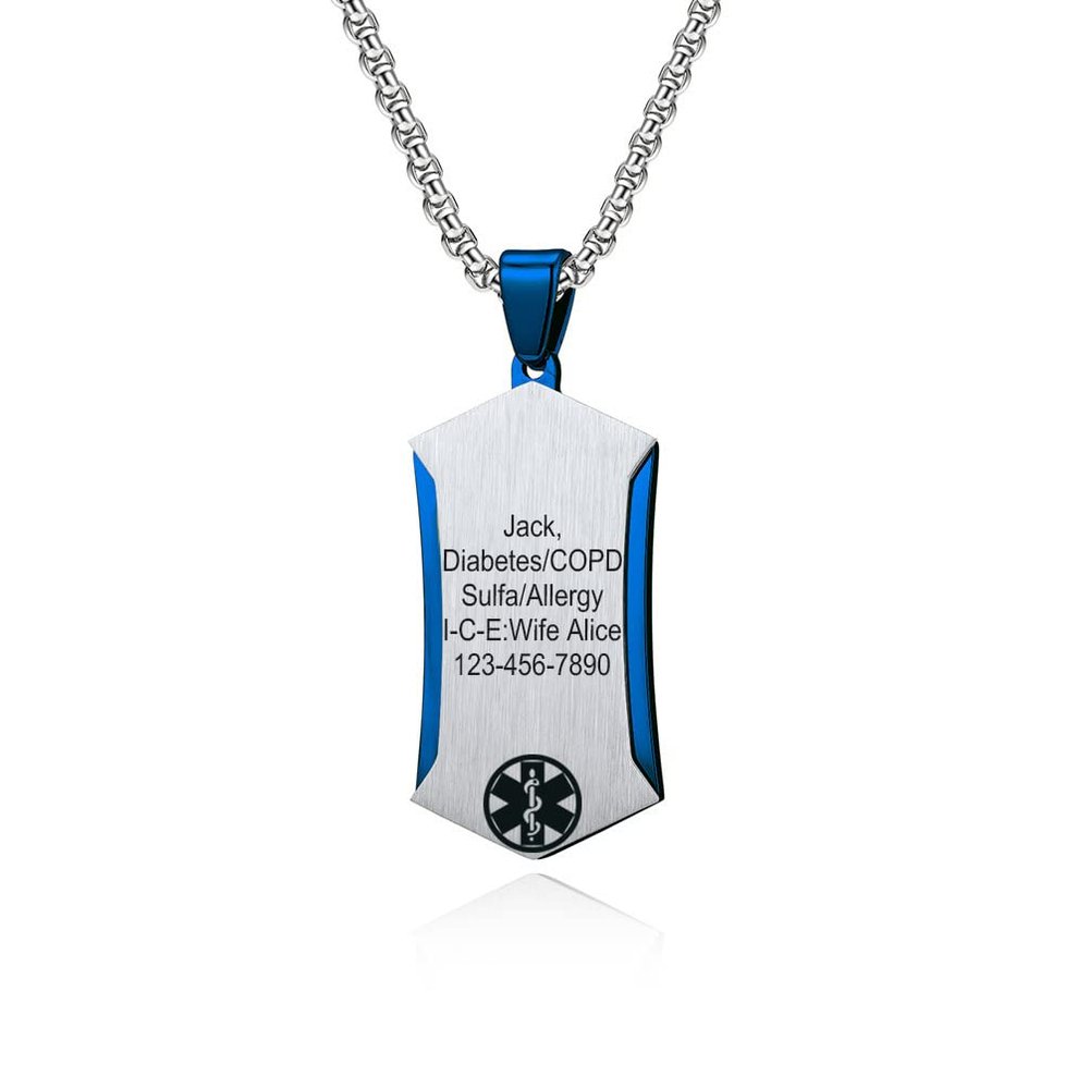 MZZJ Personalized Medical Alert ID Emergency Jewelry Military Silver Blue Stainless Steel Hexagon Dog Tag Pendant Necklaces for Men Women,First Aid Health Monitoring Emergency ID Necklace