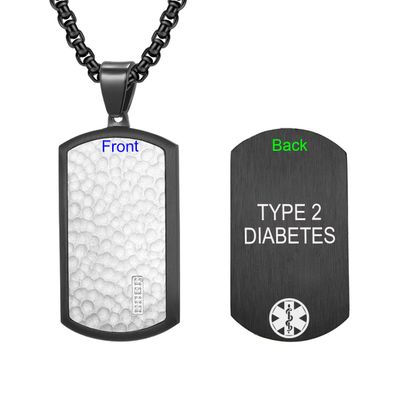 MZZJ Type 2 Diabetes Engraved Medical Alert ID Necklace Military Army Style Stainless Steel Hammering Pattern CZ Dog Tag Pendant Necklaces,Outdoor Health Alert Emergency Jewelry for Teens Adult