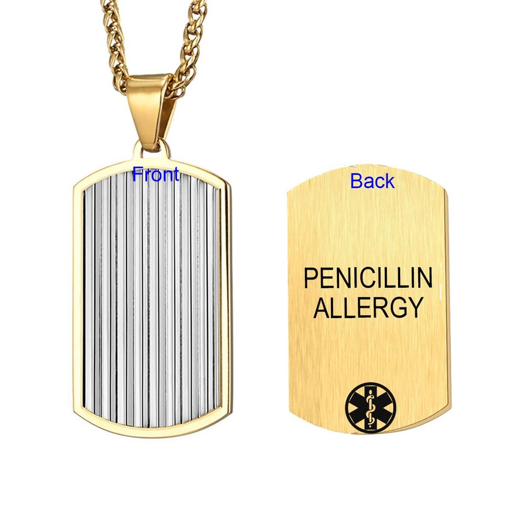 MZZJ Penicillin Allergy Engraved Medical Alert ID Necklace Military Style Gold Plated Stainless Steel Striped Dog Tag Pendant Necklaces,Outdoor Allergy First Aid ID SOS Necklaces for Teens Adult