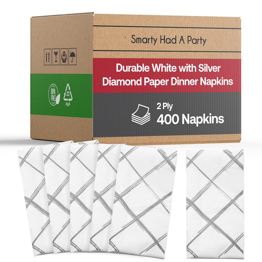 Bulk Napkins For Events - Soft Paper Napkins For Kitchen Set, Baby Shower, Bridal Shower - Cocktail Napkins Disposable (White with Silver, Dinner Napkins (400 Napkins))