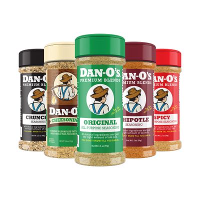 Dan-O's 5 Bottle Seasoning Set, Small Bottles, 5 Pack, Includes Original, Spicy, Chipotle, Crunchy and Cheesoning Seasonings, Sugar Free, Zero Calorie, All-Purpose Seasoning Kit