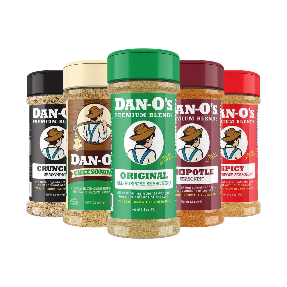 Dan-O's 5 Bottle Seasoning Set, Small Bottles, 5 Pack, Includes Original, Spicy, Chipotle, Crunchy and Cheesoning Seasonings, Sugar Free, Zero Calorie, All-Purpose Seasoning Kit