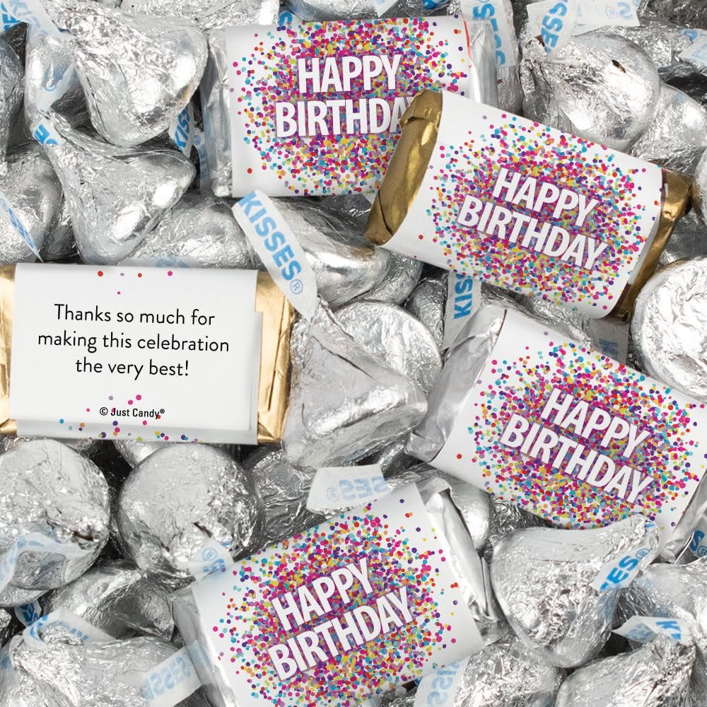 124 Pcs Birthday Candy Party Favors Miniatures Chocolate & Silver Kisses (1.5 lbs, Approx. 124 Pcs)